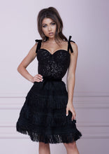 Load image into Gallery viewer, SWEETHEART Black Bustier Midi Fringe A-line Dress