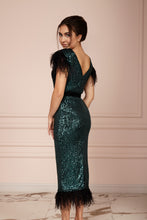 Load image into Gallery viewer, MALLINY ICON Emerald Green Sequin Midi Dress with Black Feathers