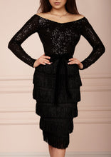 Load image into Gallery viewer, Black Sequin Off-Shoulder Midi Fringe Dress