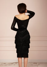 Load image into Gallery viewer, Black Sequin Off-Shoulder Midi Fringe Dress