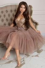 Load image into Gallery viewer, Nude & Gold Midi Tulle Dress