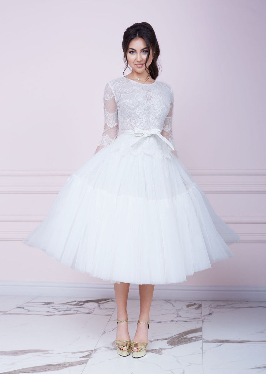 PARIS White Lace and Tulle Midi Dress