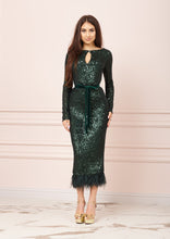 Load image into Gallery viewer, MALLINY ICON Emerald Green Sequin Midi Dress with Feathers Hem