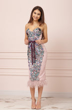 Load image into Gallery viewer, Powder Pink Bustier Dress With Sequins and Feathers Hem