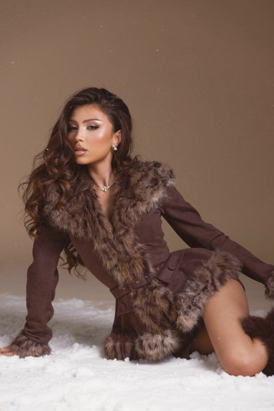 Suede Faux Fur Jacket & Skirt Set