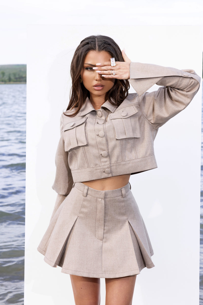 Tailored Jacket & Skirt Set in Taupe Beige