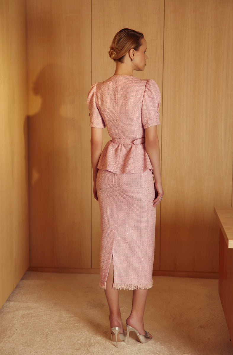 Elle Pink Tweed Jacket & Skirt Set