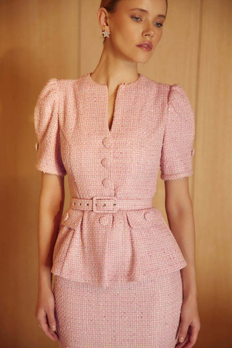 Elle Pink Tweed Jacket & Skirt Set