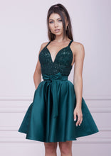 Load image into Gallery viewer, EMERALD GREEN Midi Sequin And Duchesse Dress
