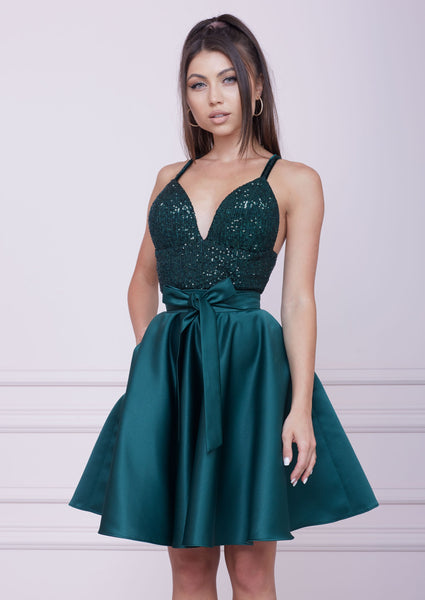 EMERALD GREEN Midi Sequin And Duchesse Dress