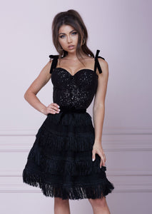 SWEETHEART Black Bustier Midi Fringe A-line Dress