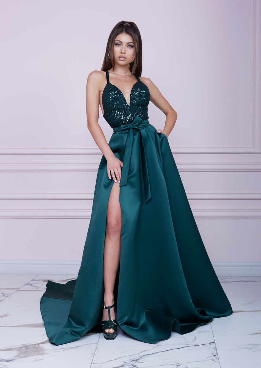 EMERALD GREEN Long Sequin and Duchesse Dress