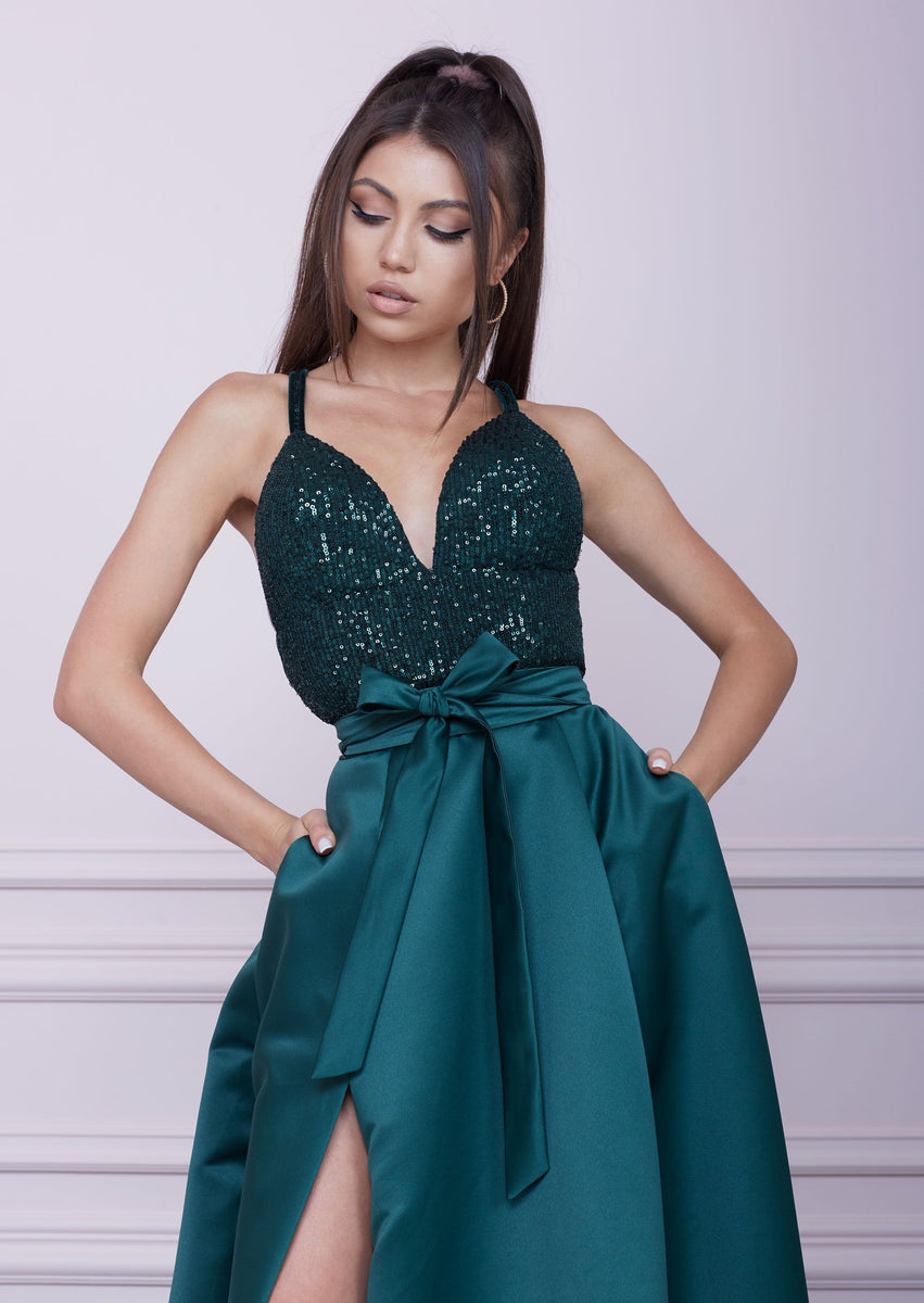 EMERALD GREEN Long Sequin and Duchesse Dress