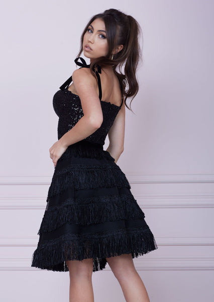 SWEETHEART Black Bustier Midi Fringe A-line Dress