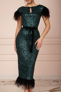 MALLINY ICON Emerald Green Sequin Midi Dress with Black Feathers
