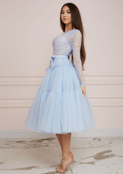 PARIS Baby Blue Lace and Tulle Midi Dress