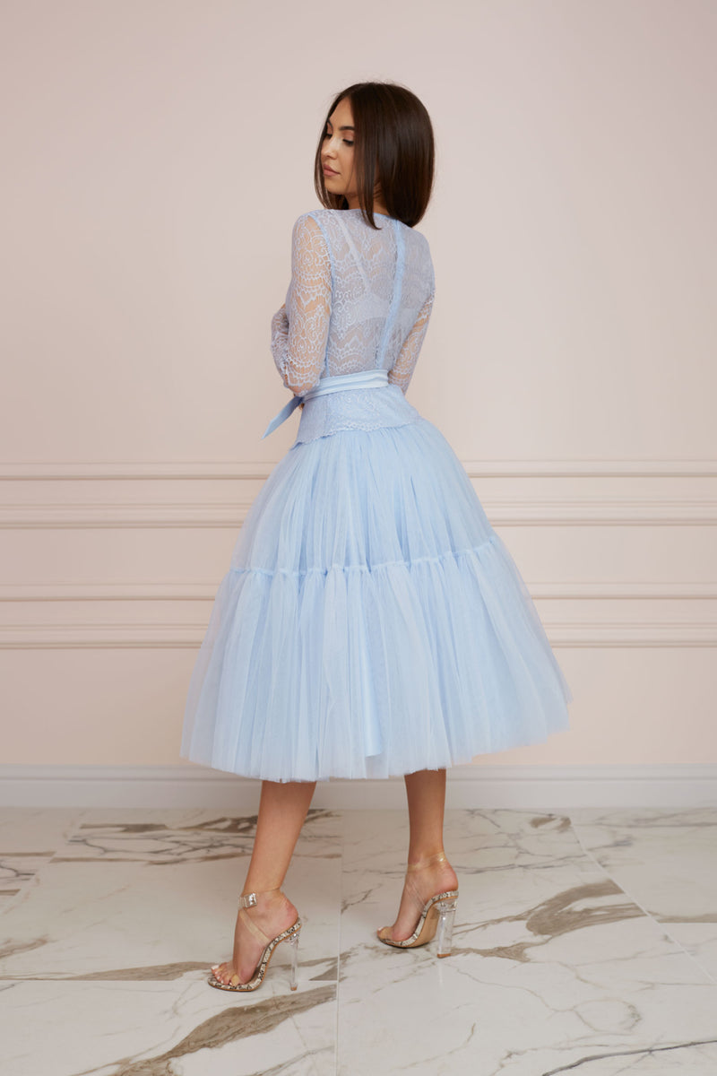 PARIS Baby Blue Lace and Tulle Midi Dress