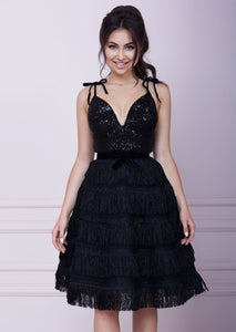 Black Bustier Midi Fringe A-line Dress