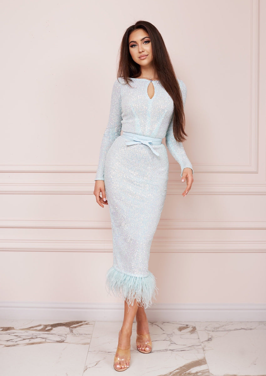 MALLINY ICON Baby Blue Sequin Midi Dress with Feathers Hem