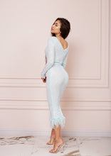 Load image into Gallery viewer, MALLINY ICON Baby Blue Sequin Midi Dress with Feathers Hem
