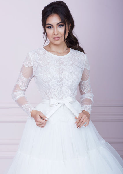 PARIS White Lace and Tulle Midi Dress