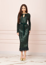 Load image into Gallery viewer, MALLINY ICON Emerald Green Sequin Midi Dress with Feathers Hem
