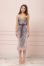 Load image into Gallery viewer, Powder Pink  Bustier Dress With Sequins and Feathers Hem
