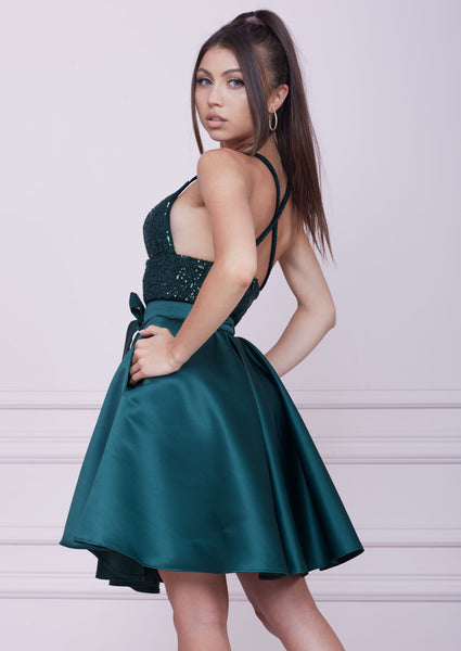 EMERALD GREEN Midi Sequin And Duchesse Dress