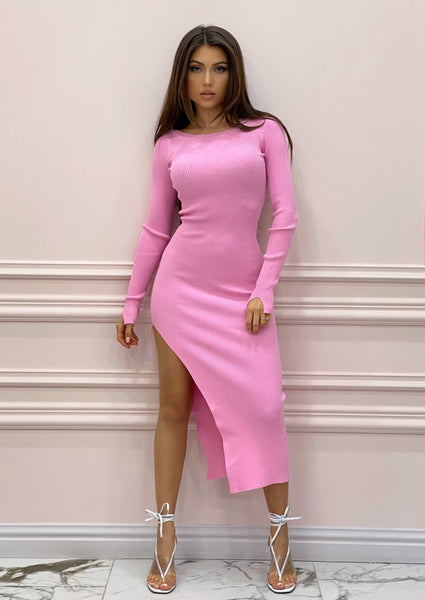 Pink Knit Midi Dress with High Leg Split