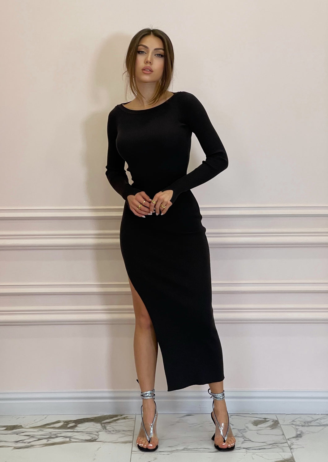 Carbon Black Knit Midi Dress with High Leg Split