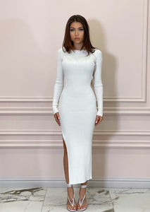 White Knit Midi Dress with High Leg Split