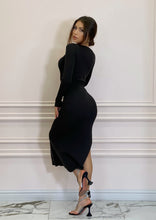 Load image into Gallery viewer, Carbon Black Knit Midi Dress with High Leg Split
