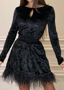MALLINY ICON Mini Black Velvet Dress with Belt