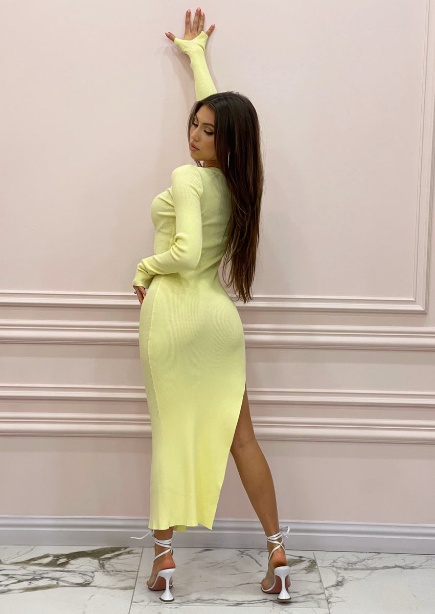 Lemon Knit Midi Dress with High Leg Split