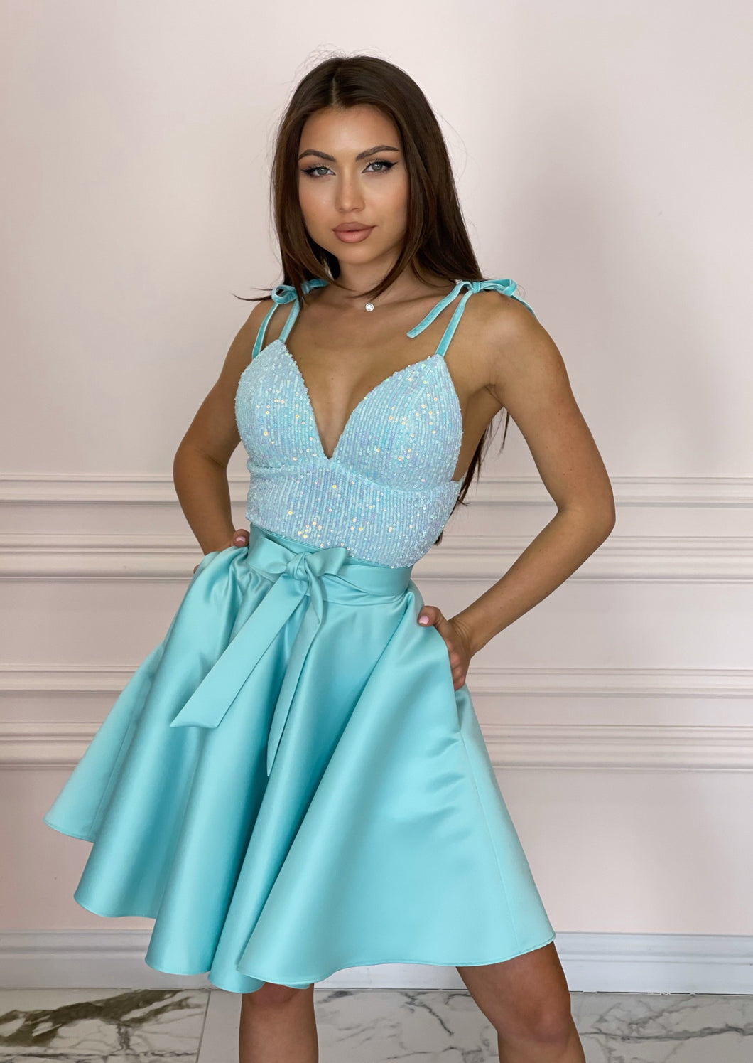 AQUA Blue Midi Sequin And Duchesse Dress
