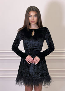 MALLINY ICON Mini Black Velvet Dress with Belt
