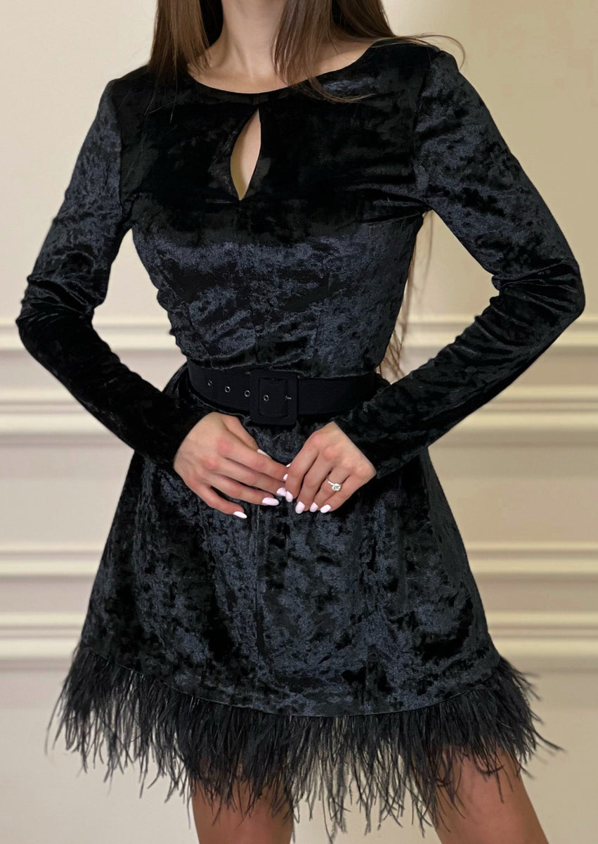 MALLINY ICON Mini Black Velvet Dress with Belt