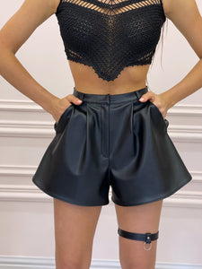Black Eco-Leather Shorts with Thigh Garter